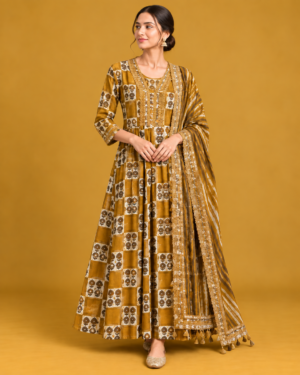 Mustard Yellow Printed Anarkali Gown with Embroidered Dupatta