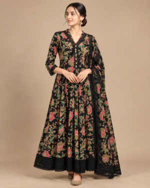 Black Floral Embroidered Anarkali Gown for Women