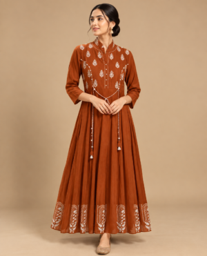 Rust Orange Embroidered Anarkali Gown