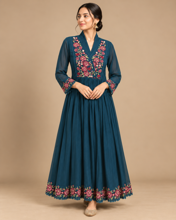 Teal Blue Floral Embroidered Anarkali Gown for Women