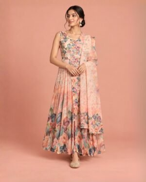 Peach Floral Printed Anarkali Suit with Dupatta