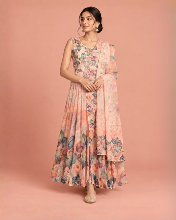 Peach Floral Printed Anarkali Suit with Dupatta