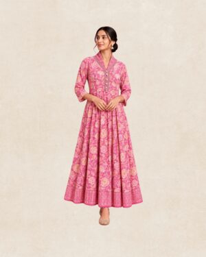 Pink Floral Printed Anarkali Gown for Women