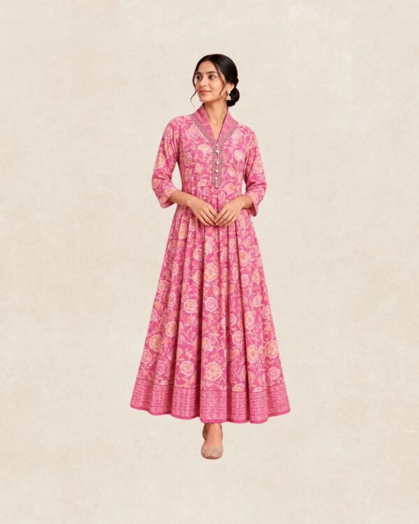 Manpreets Social Media Post Pink Floral Printed Anarkali Gown for Women